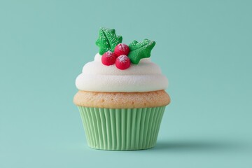 Minimal Christmas Cupcake with Holly Decoration on Sage Green Background
