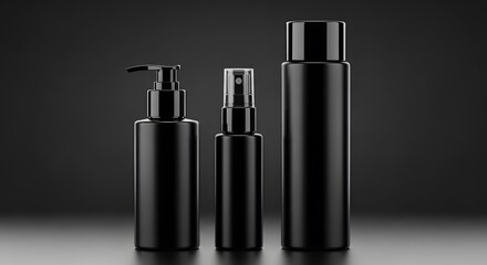 Versatile cosmetic and skincare mockups: a pump bottle, spray bottle, and tall cylindrical container, perfect for diverse product branding on a dark, sleek background