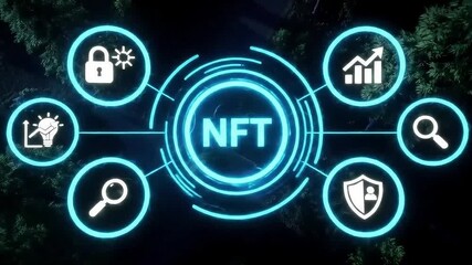 NFT Technology Futuristic Display with icons, Cryptocurrency and Blockchain Concept - Powered by Adobe