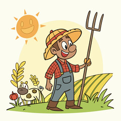Happy Cartoon Farmer in Field with Cow and Sun – Farming Vector Illustration