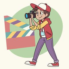 Cartoon Young Cameraman Filming Scene – Movie Production Character Art