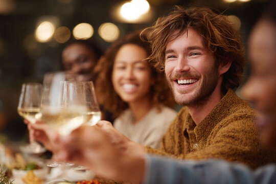 A group of diverse friends celebrate with wine at a dinner party, radiating joy and connection. Perfect for themes of friendship, lifestyle, and togetherness.
