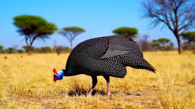 Helmeted Guineafowl in African Savanna: Majestic Stroll Through Golden Grasslands