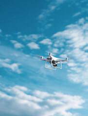 White drone gracefully soars against a vibrant blue sky with fluffy clouds. Represents aerial photography, future tech, or remote controlled innovation.