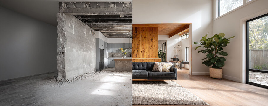 Before and after home renovation. Sidebyside comparison showcases transformation from demolition to stylish modern living space. Interior design concept.