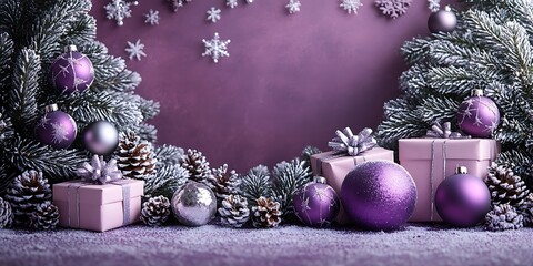 Festive christmas composition with ornaments pine cones and snowflakes in purple hue
