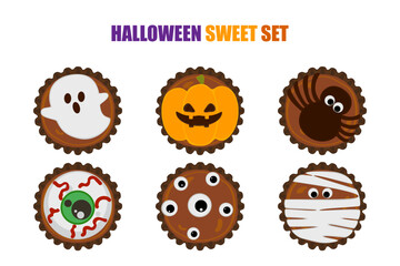 A fun Halloween-themed chocolate cookie dessert set featuring ghosts, pumpkins, spiders, eyeballs, mummies, and monsters. Perfect for seasonal food, parties, and decorations. Vector illustration.

