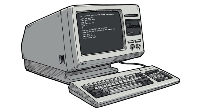 Retro computer with command line screen in detailed sketch style