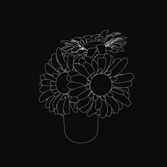 A black and white contour drawing of a vase filled with delicate daisies stands out against a dark background. The minimalist design emphasizes clean lines and elegant simplicity.
