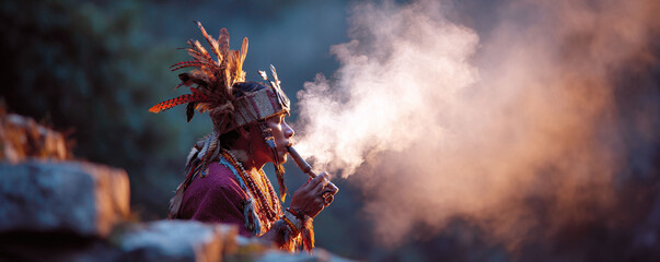Intense image of indigenous person smoking ceremonial pipe, connection to spirit, heritage. Beautiful light, evocative, storytelling visuals. Great for spiritual, history, cultural content.