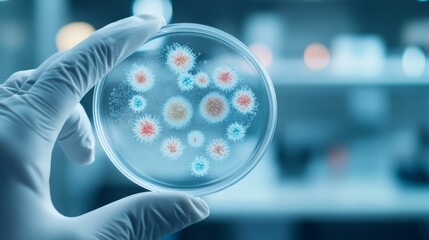 A detailed closeup view of a Petri dish containing cultured microorganisms observed in a laboratory environment
