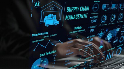 Supply chain management interface showing delivery routes, warehouse efficiency, cost savings, vehicle tracking, procurement ROI, and contract stages. Futuristic supply chain monitoring system. Thunk