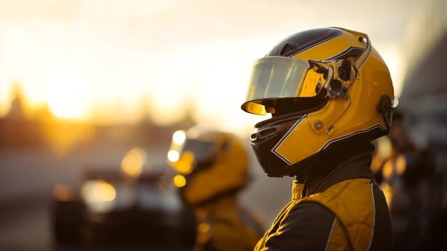 Formula Racing driver in yellow helmet and suit stands focused during sunset at the racetrack