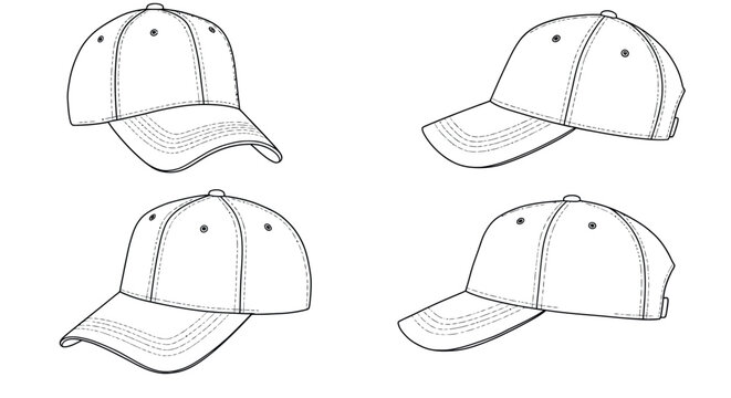 Set of baseball caps in outline sketch style with different angles