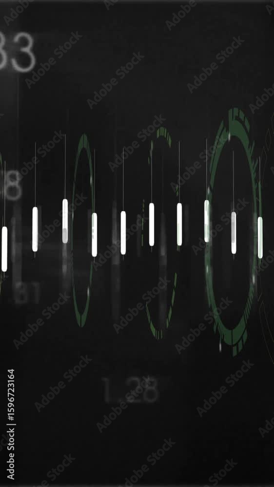 Poster Abstract animation with numerical data and green waveforms on dark background