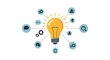 Innovative light bulb concept with connected business and communication icons