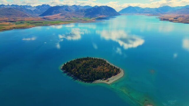 Spectacular view of lake Tekapo and island in Canterbury, New Zealand