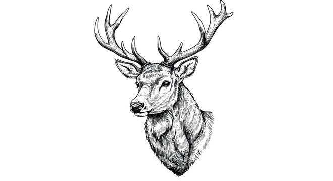 Intricate black and white deer sketch with majestic antlers in detailed style