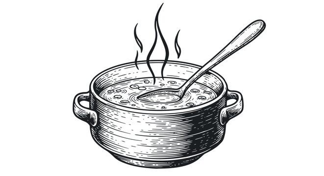 Hand drawn soup bowl with spoon and steam in vintage style