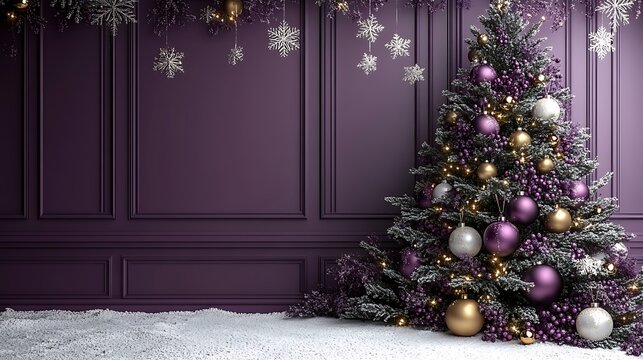 Elegant purple christmas tree with snowflakes and ornaments festive holiday background