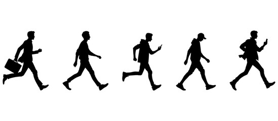 Vector illustration. Black silhouette on white background. Set of men running to the side.