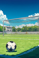 A soccer ball positioned near the goalpost on a bright sunny day in a vibrant field