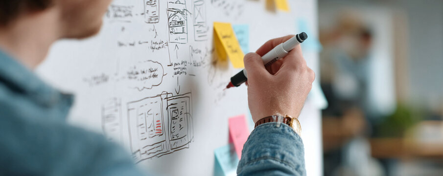 Conceptual image of a person designing layouts and workflows on a whiteboard with sticky notes. Suitable for illustrating collaboration, brainstorming, and innovation.