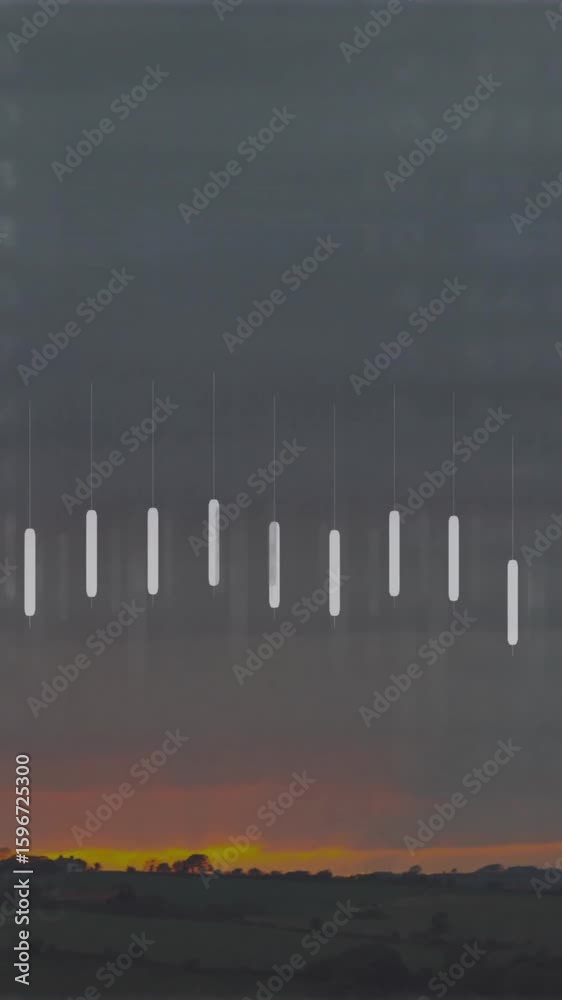 Poster sunset landscape with animated lines and numerical data overlaying scene