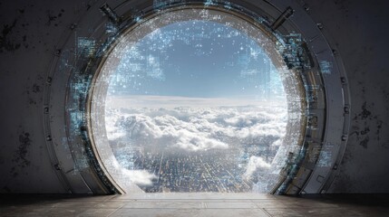Futuristic portal to city above clouds
