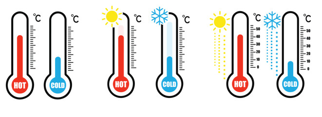 Hot and Cold Thermometer Vector Illustration – Red and Blue Temperature Icons on Transparent Background