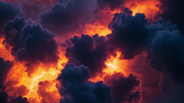 Dramatic view of clouds illuminated by lightning during a vibrant thunderstorm at dusk, view of Cloud with lightning and thunderstorms