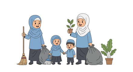 Adobe illustrator artwork vector illustration of a cheerful family doing outdoor cleaning together, highlighting teamwork, eco-conscious living, parenting values, environmental care.