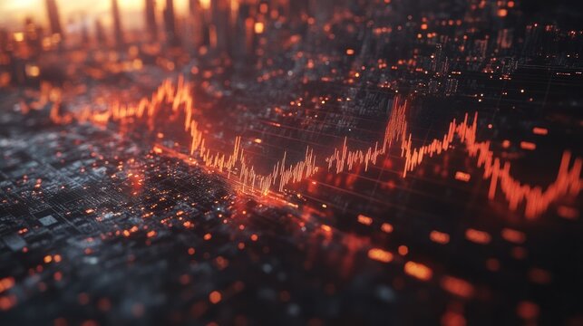 Abstract Cityscape Stock Market Data Visualization: A Digital Art Representation of Financial Trends and Urban Development