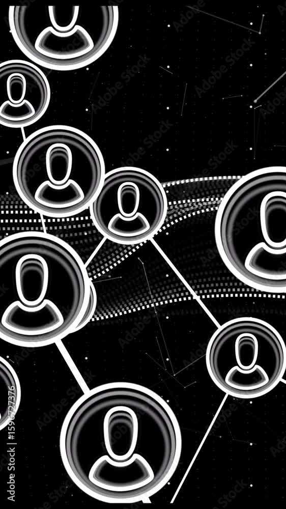 Poster animation of connected user icons over digital data visualization background
