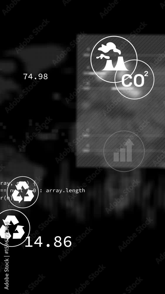Poster environmental data and coding elements overlaying world map and graphs animation