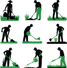 Naklejka premium Silhouettes of gardeners performing various gardening tasks