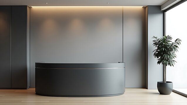Modern minimalist office reception area design with plant and gray color scheme interior rendering on transparent background