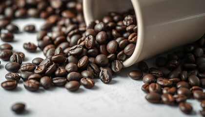 Close-up of dark roasted coffee beans spilling from a ceramic cup,  ceramic,  rustic