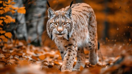 Majestic Lynx Walking Through Autumn Forest with Colorful Foliage