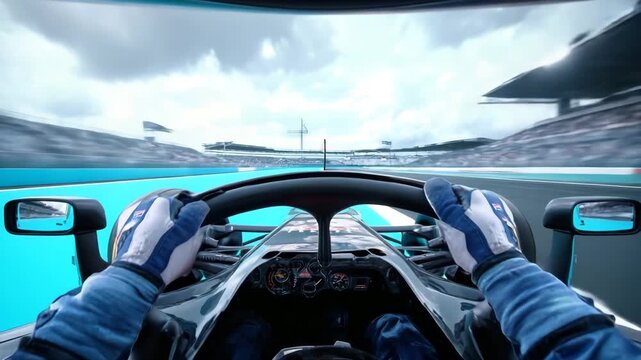 Formula Racing car driver gripping steering wheel in high-speed motion on a professional racetrack
