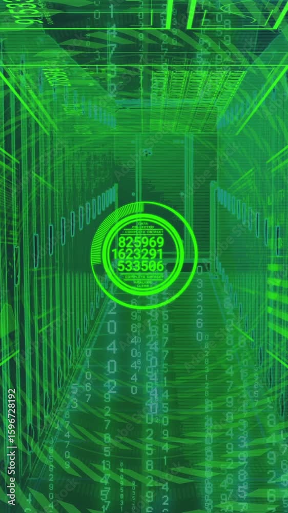 Poster animation of green numbers and graphs in futuristic virtual tunnel interface