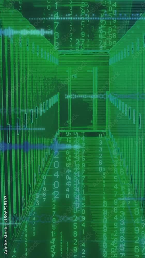 Poster digital data streams and binary code animation over futuristic green corridor