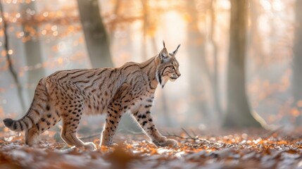 Majestic Lynx Walking Gracefully Through Serene Autumn Forest