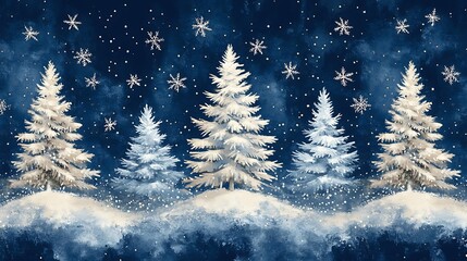 Fototapeta premium Winter watercolor landscape featuring snowy christmas trees and falling snowflakes on a dark night
