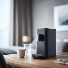 Minimalist water dispenser on a wooden table in a modern room. Represents simplicity, wellness, and technology. Great for promoting healthy lifestyles.