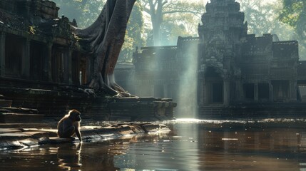 Serene Monkey by Ancient Tree near Mystic Temple in Sunrise Light