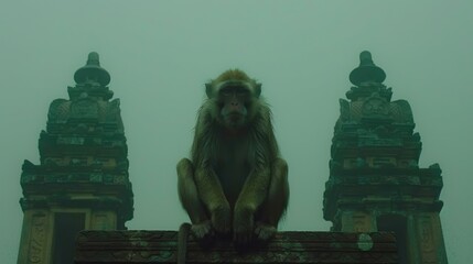 Majestic Monkey Sitting Amidst Ancient Temples in Misty Landscape