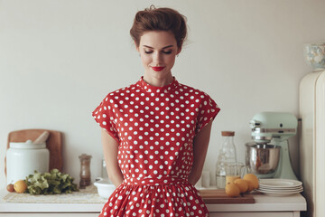 Retro kitchen scene. A beautiful woman in a polka dot dress stands gracefully in a bright kitchen. Ideal for lifestyle, cooking, or vintage themes. Happiness and nostalgia.