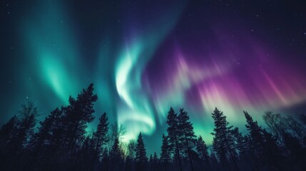 Stunning display of the Northern Lights illuminating the night sky over a serene forest landscape