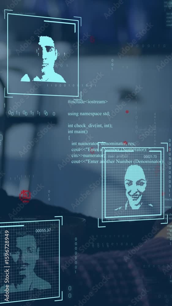 Poster analyzing faces using animation, person with smartphone in school setting